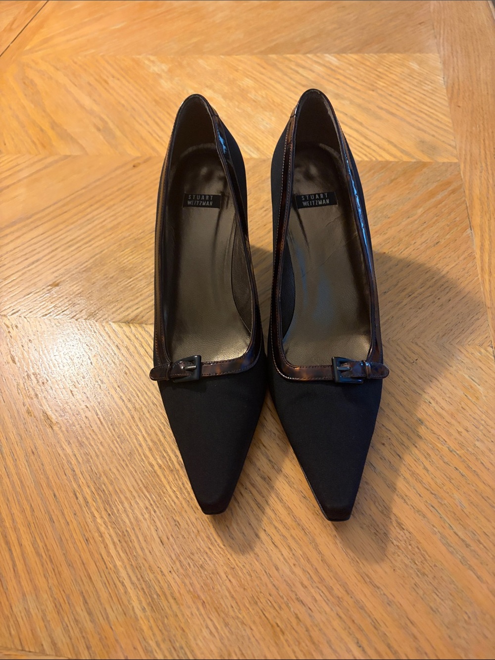 Stuart Weitzman Black Pointed Toe Pumps with Brown Trim